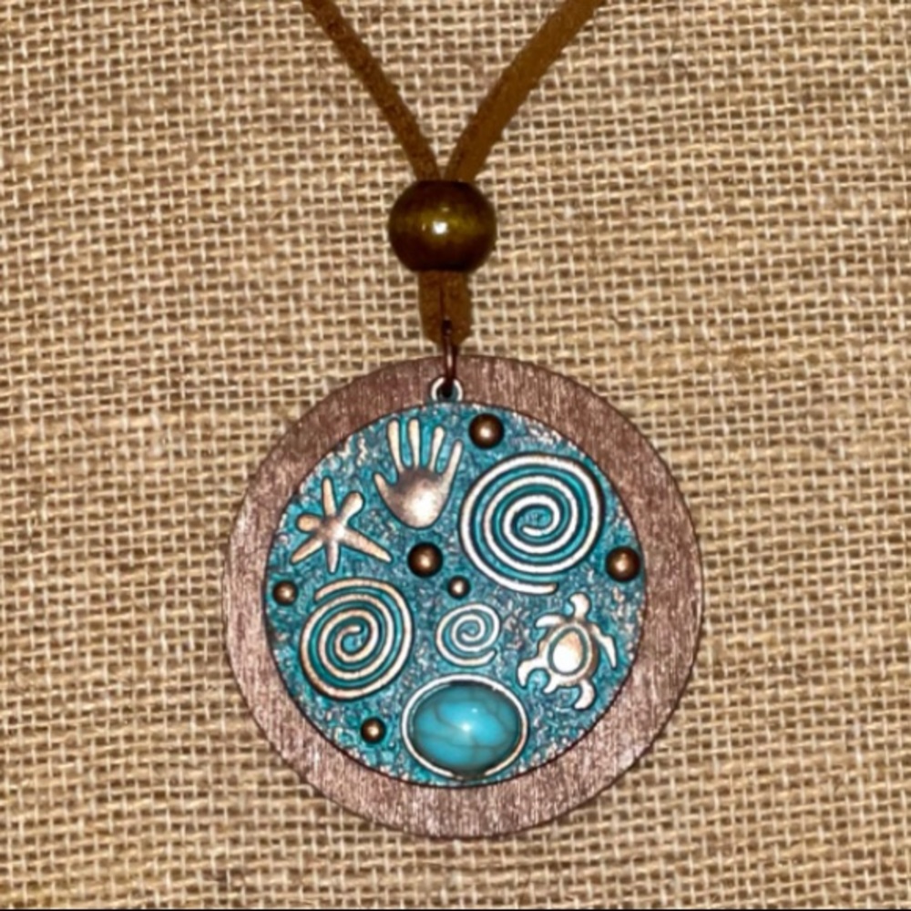 NEW Turquoise Bronzed Spiral Pendant Suede Necklace Life Circle Turtle WIsdom - Picture 3 of 13